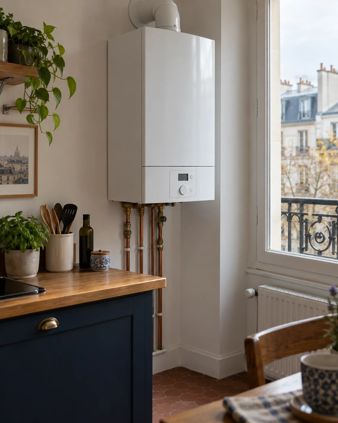 A wall-mounted boiler in an apartment.