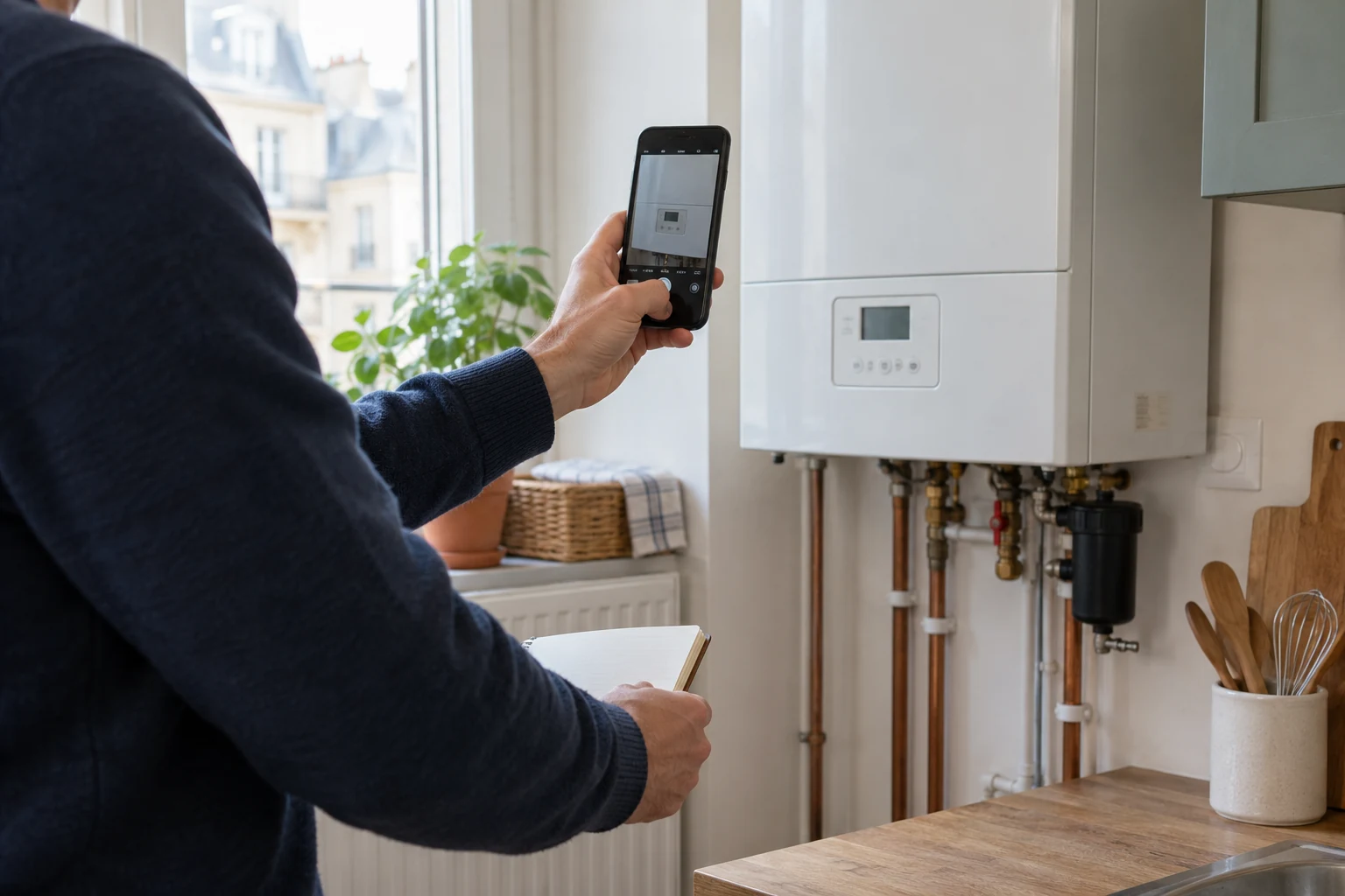 A person records the boiler display without dismantling the appliance.