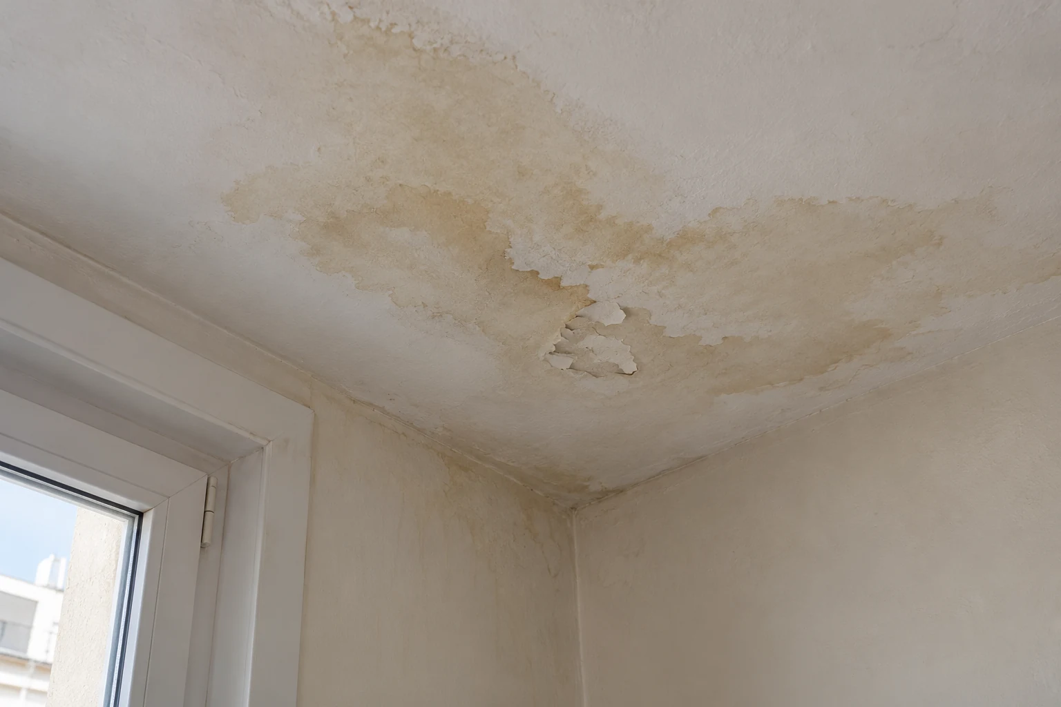 Tache de dégât des eaux et peinture écaillée sur un plafond